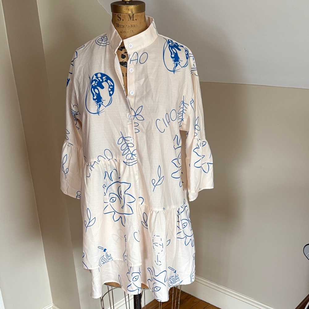 Commense Asymmetrical Dress in Cream and Blue